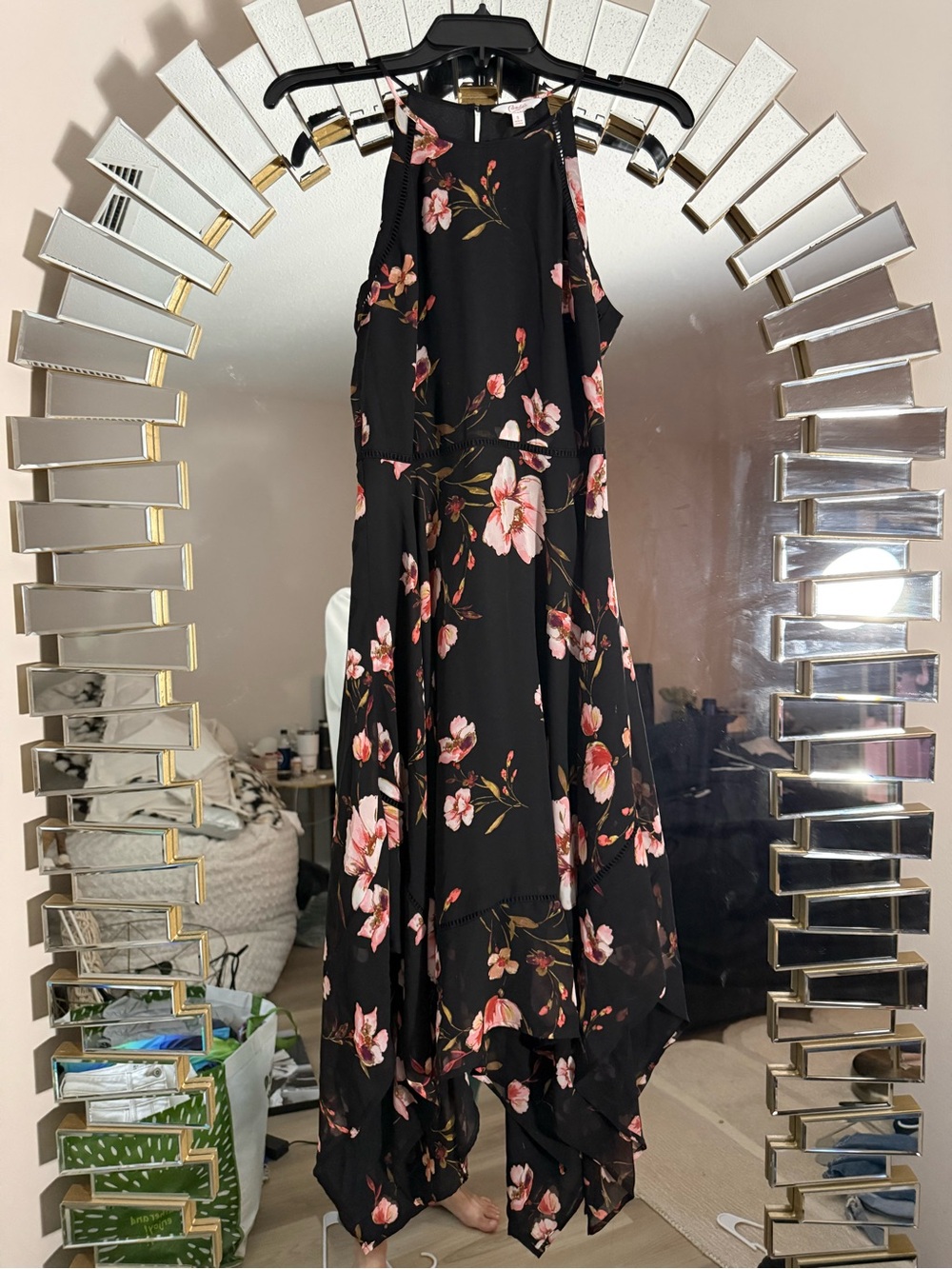 Candie's Black High-Low Halter Dress with Pink Floral